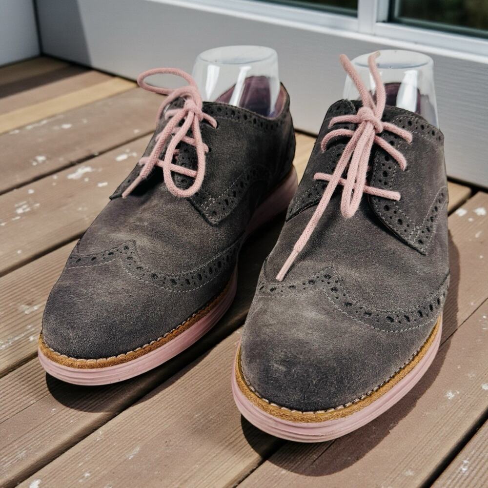 Cole Haan Women’s Lunargrand Gray Suede & Pink Wingtip Oxford Shoes Size 8.5